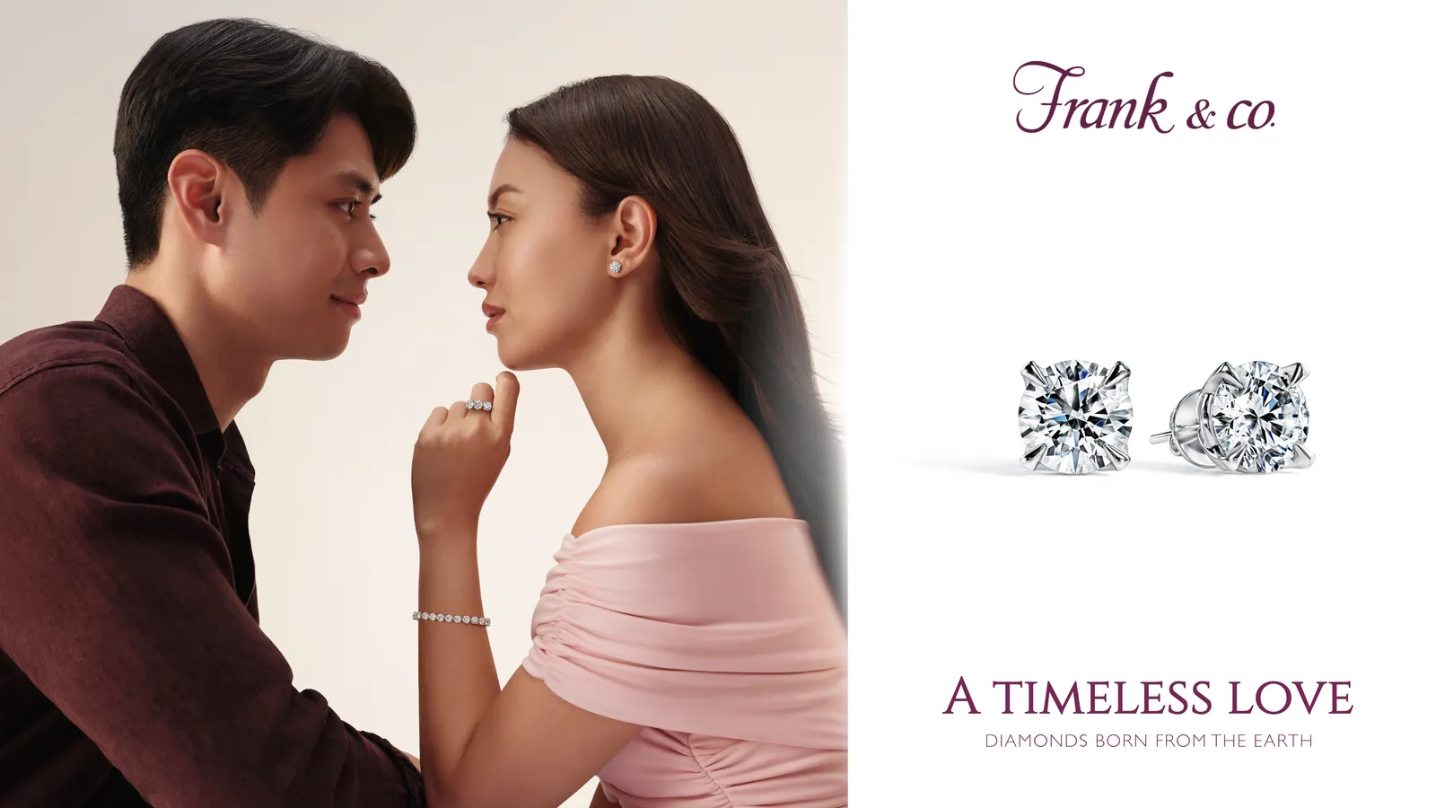Couple facing each other beside diamond earrings