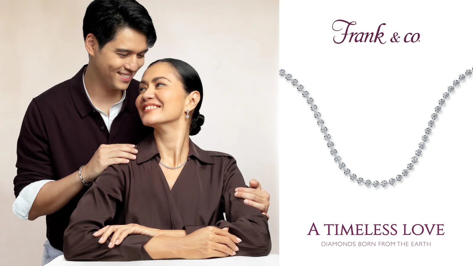 Man embracing his mother beside a diamond necklace