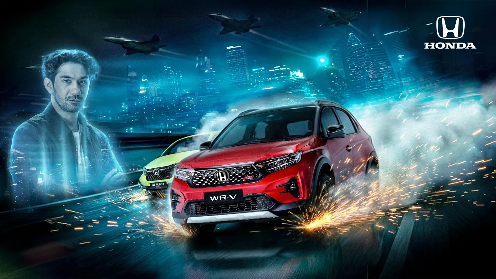 Start with Trust key visual: Reza Rahadian as a hologram beside the Honda WR-V and Brio